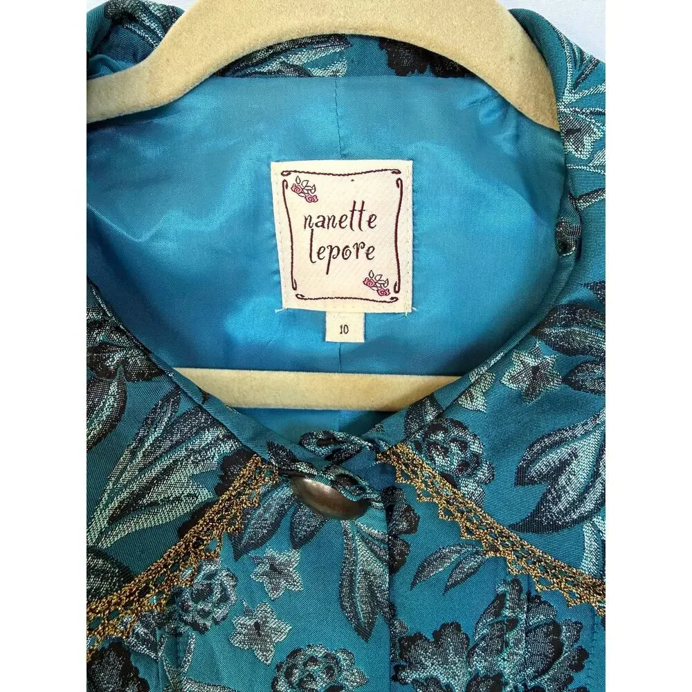 Nanette Lepore Blue Metallic Gold Floral Brocade Formal Jacket Blazer, M, 10 - Picture 3 of 6